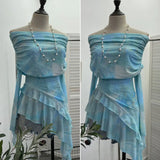 Sweet And Spicy Shoulder Dyed Printing Mesh Long-Sleeved Coat Folds Irregular Ribbon T-Shirt