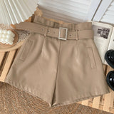 New PU Leather Shorts Women Shorts All-match Sashes Wide Leg Short Ladies Sexy Leather Shorts Autumn