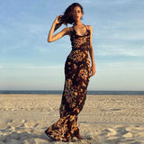 Sexy Boho Printed Slip Dress Women Summer Clothes Elegant Spaghetti Straped Side Split Open Back Maxi Dress Sundress