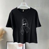 2021 Summer Abstract Character T-shirts Women Cotton Tops Tee Short Sleeve Printing