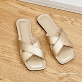 Large-Size Cross-Edup With Flat-Bottom Slippers Women Wear New Square-Head Drag Beach Cool