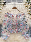 Mesh Embroidery Sheer Blouse Fashion Slash Neck Loose Puff Sleeve Tops Short Smock Streetwear Lace Y2K Summer Blouses 211-0-Outfit