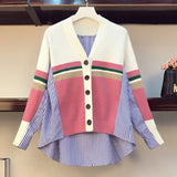 spring and autumn new loose shirt stitching irregular knitted sweater striped denim sweater jacket