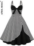 Houndstooth Retro Women's Dress Patchwork Print Sling 1950s Vintage Cocktail Dress Sleeveless Office Casual Pinup