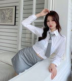 College Style Suit Age-Reducing Parallel Bars Tie White Shirt Top Women's Gray High-Waisted Split Hakama Two-Piece