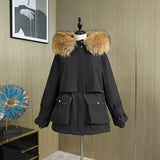 Large Natural Fox Fur Hooded Winter Jacket Women 90% White Duck Down Thick Parkas Warm Sash Tie Up Snow