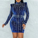 Long sleeve black Rhinestone winter dress women vintage night club woman mini bodycon party dress evening dresses