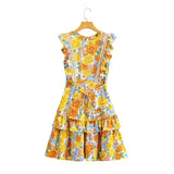 Queens Floral Print Fashion Summer sexy Backless Beach Bohemian Mini Dress for Women Ruffles Sleeveless Boho