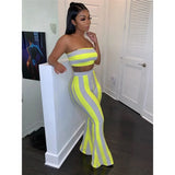 piece set Elegant Women Sexy Striped Strapless Off Shoulder Tank Vest Crop Tops Bra High Waist Loose Flare Long Pants