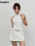 Spring Summer Sleeveless White Crocodile Print Faux Leather Halter Dress Women with Belt Retro Runway Fashion