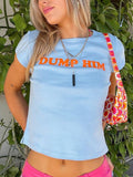 Cute 2000s Aesthetics Letter Print Blue Baby Tees Y2K Streetwear O-neck Short Sleeve Crop Tops Women Fashion 2022