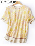Vintage Printed Thin Chiffon Pullover Tops T Shirt Women Fashion Casual Elegant Chic Silk Satin Loose