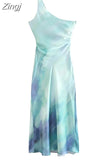 Tie Dye Satin Dress Woman Asymmetric Long Dresses For Women 2023 Off Shoulder Elegant Midi Dresses Ruched Party