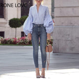 Women Chic Striped Long Lantern Sleeves Deep V Neck Button Working Blouse