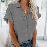 Summer Office Lady Solid Tops and Blouses Casual Turn-drow Collar Shirt for Women Elegant Short Sleeve Loose