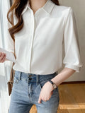 Women Shirt Three Quarter Sleeve Blouses for Women Satin Blouses and Shirts Summer Fashion Women Clothing White Women