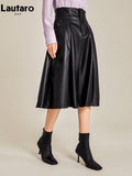 Spring Autumn Black Chic Soft Pu Leather Knee Length Skirt Women High Waist A Line Elegant Luxury Designer Clothes