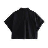 Black Crop Top Women Short Sleeve Cropped Shirt Woman Fashion Loose Summer Blouses For Women 2023 Collared Button Up
