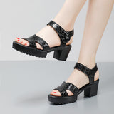 Leather High Heel Waterproof Sandals Women Fashion Crocodile Pattern Walking Shoes Summer Coarse Heel Magic Sticky H Women's