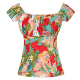 Women Vintage Blouse Tops Slash Neck Puff Sleeve 50s 60s Retro Cotton Slim Fit Streetwear Rock Punk Party