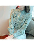 Floral Printed Blouse Women 2023 Fashion Long Sleeve Ruffle Stitching Shirts Stand Collar Vintage Flower Blouse Top