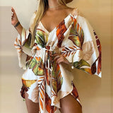 Women Elegant Dresses Sexy V Neck Lace-up Floral Print Mini Dress Casual Flared Sleeves Irregular Ladies Party