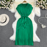 Zingj Summer Korean Version Retro Temperament Short Sleeve Polo Collar And Waist Show Thin Bow Tie With A-Line Knit
