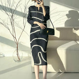 Folded Women's Line Dress Women Seven-Sleeved Small V-Neck Fashion Simple Temperament Commuting Long