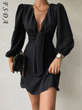 2021 V Neck Bandage Dress Party Women Black Long Puff Sleeve Mini A Line Autumn Winter Wrap Dresses Elegant Red Sexy