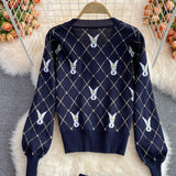 Knit Suits Ladies Temperament Autumn New V-Neck Cardigan + High Waist A-Line Skirt Sweet Rabbit Print Two-Piece