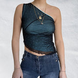 Vintage Chinese Style Print Crop Top Asymmetric Slim Fit One Shoulder Vests E-girl Aesthetic Fashion Women Summer Tank
