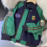 retro handsome green stitching women jacket Y2K oversized long-sleeved bomber jacket loose jacket for women winter