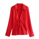 2025 New Women's Loose Bow Trim Silk Satin Texture Shirt Women