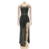 Sexy Rhinestone Crystal Irregular High Split Maxi Dress New Women Strap O Neck Bodycon Birthday Clubwear Long