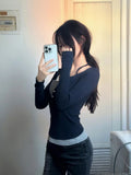 Vintage Fashion Long Sleeve Fake Two Piece T-shirt Womens Harajuku Patchwork Streetwear Grunge Contrast V Neck Shirts