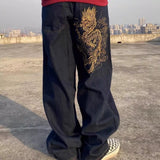 street clothing retro trend pocket jeans female letter star print high waist casual oversized straight pants
