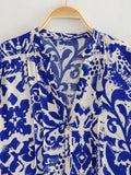 Blue Print Mini Dress Woman Long Sleeve Short Dresses For Women Ruched Loose Women's Dress 2023 Summer Casual