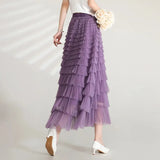 Solid Color Cake Long Skirt Mesh Puffy Women Sexy Korean Floor Length Party Skirts Loose Elastic Female Ball Gown