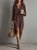 Women's Elegant Workwear Style Pocket Button Velvet Shirt Dress