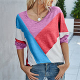 V-Neck Long Sleeve Loose Patchwork Print T-Shirt Spring Autumn Casual Fashion Top 2022 Women Comfortable Pullovers