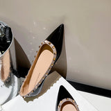 Temperament Sharp Single Shoes Women's Shallow Summer New Rivet Patent Leather Evening Wind Warm Soft Bottom Flat Bottom