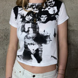 Vintage Gothic T-shirt Women Punk Style Harajuku Streetwear E-girl Graphic Print Crop Top Sweats Tee Y2K Aesthetic
