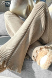 Tassels Wide Leg Knitted Pants Women Winter Stripe Loose Trousers Femme Casual Full Length Warm Sweater Pants