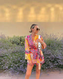 Women Two-piece Set Print Kimono Vintage Belt Long Sleeve Loose Shirt Female Fashion Beach Style Shorts