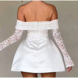 Lace Off-shoulder Patchwork Solid Mini Dress- Outfit