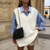 V Neck White Vest Sweater Sleeveless Knitted Women Loose Pullovers Black Oversized Casual Autumn Winter Jumper