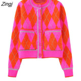 New Women Fashion Metal Crochet Geometric Short Knitting Sweater Female Chic Pockets Patch Cardigan Coats Tops