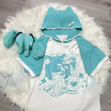 Kawaii Cartoon Print Long T-shirt Women Cute Contrast Hooded Tops Summer Harajuku Lace Patchwork Y2k Aesthetic Tops