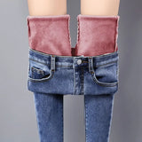 Jeans Pants For Women Plus Size Winter Blue Light blue Solid Skinny Fleeces Thick Pencil Pants with Velvet Denim