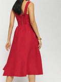 Elegant Women Square Neck Front Buttons Up Sling Dress for Women High Waist A-line Dress Summer Party Female
